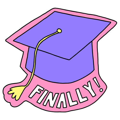 Colorful cartoon graduation cap sticker with purple mortarboard and the word FINALLY.