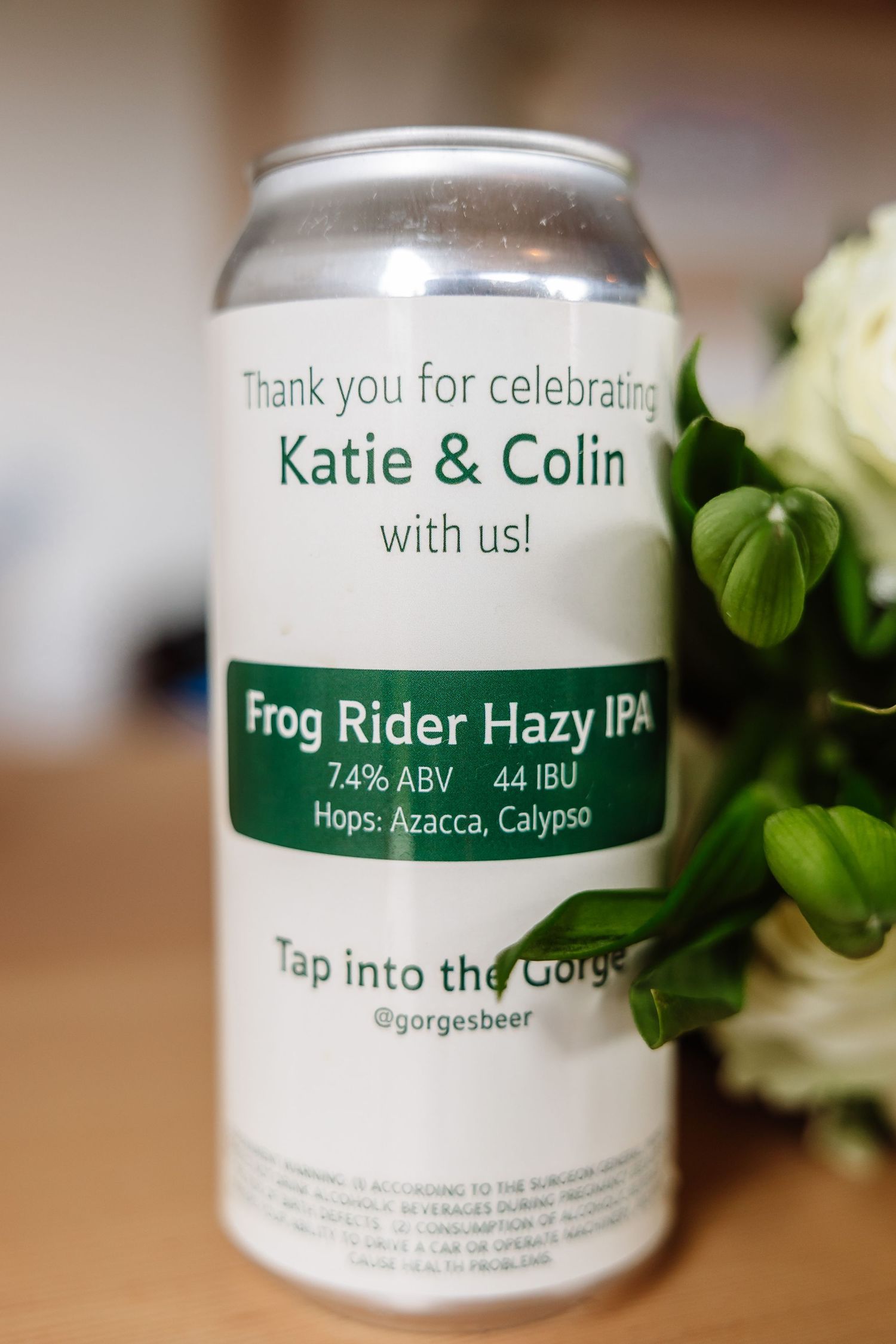 Custom Frog Rider Hazy IPA beer can wedding favor for Katie and Colin's celebration.