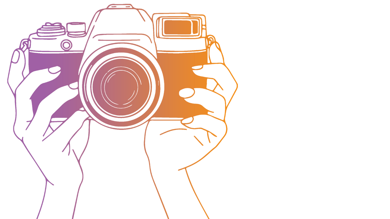 Gradient purple to orange illustrated graphic of hands holding a DSLR camera on white background.