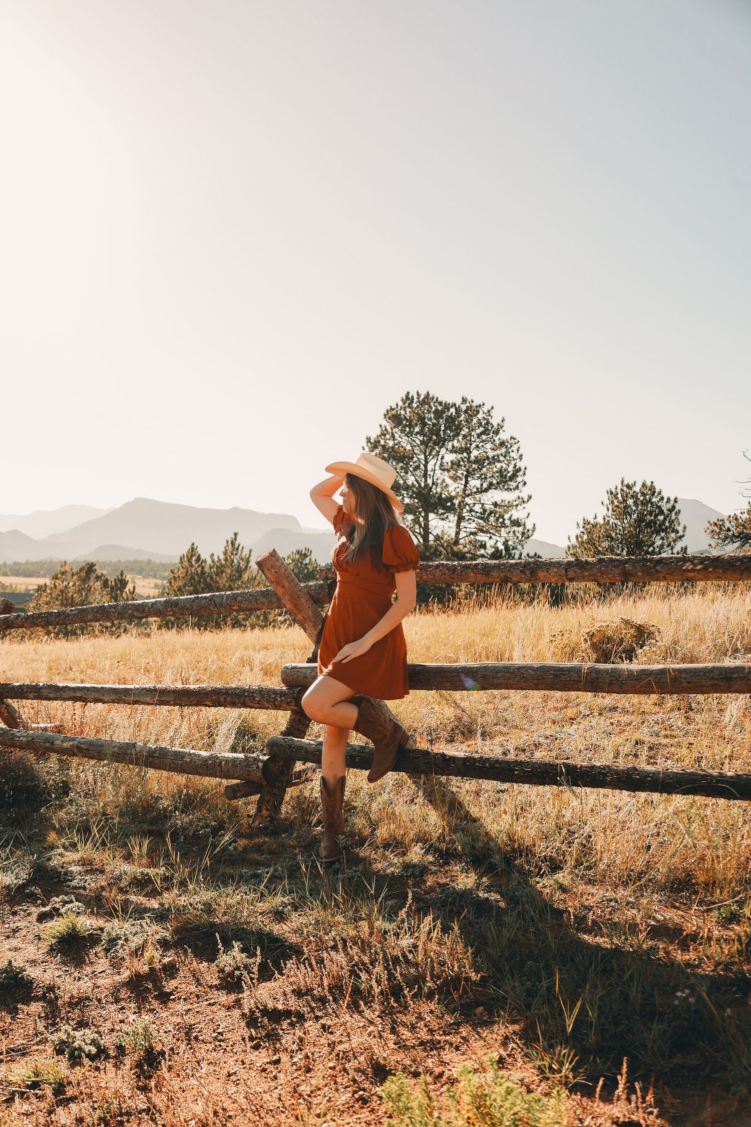 Woman in rust dress and cowboy hat leaning on rustic wooden fence in golden mountain meadow.