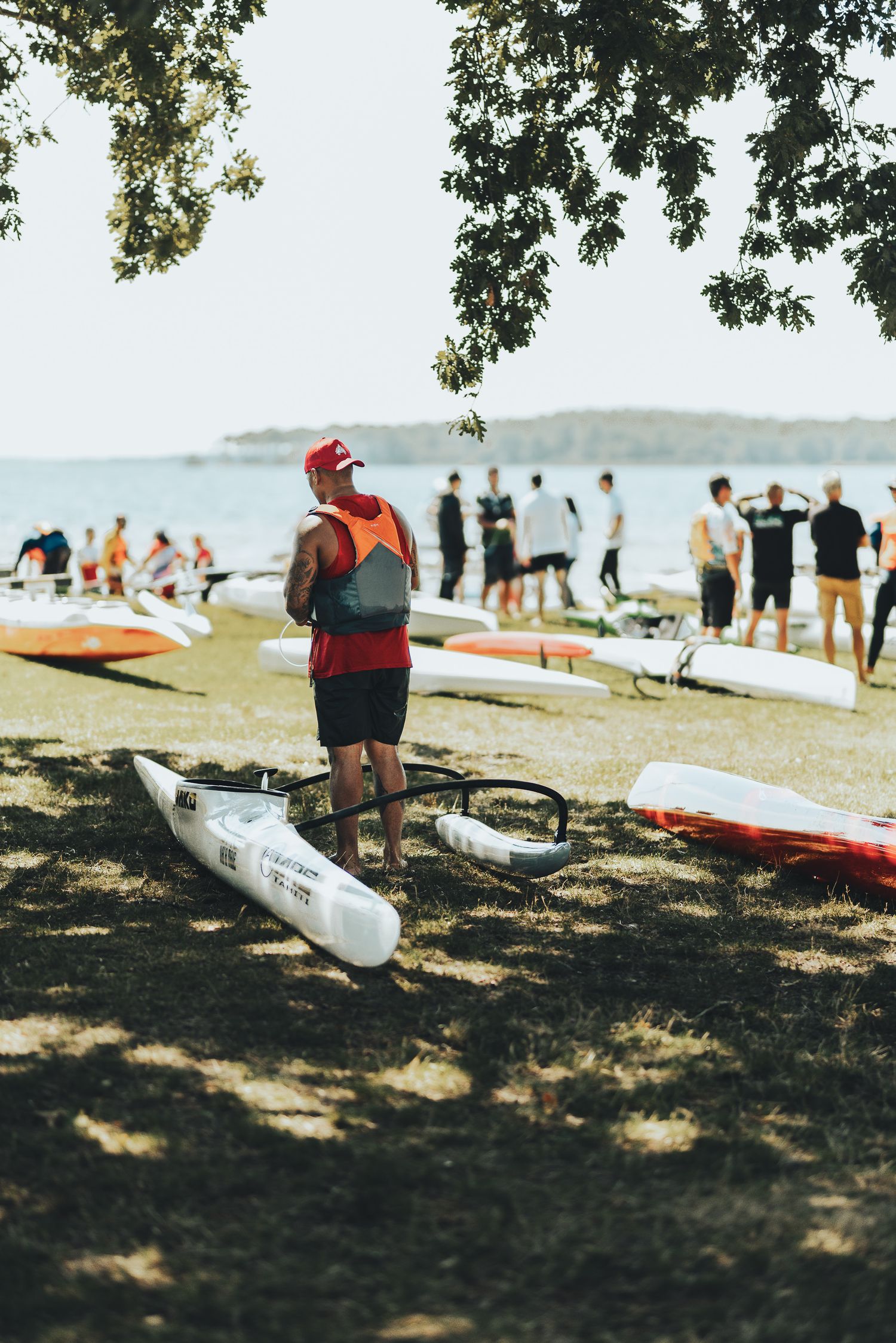 des pirogues alignées sous les arbres sur une plage.