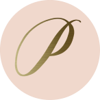 Elegant letter P monogram logo in gold on light pink circular background.