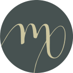 Minimalist circular logo with cursive mp initials in dark gray.