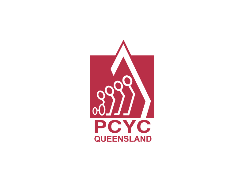 PCYC Queensland logo with red mountain peak design and stair-like pattern.