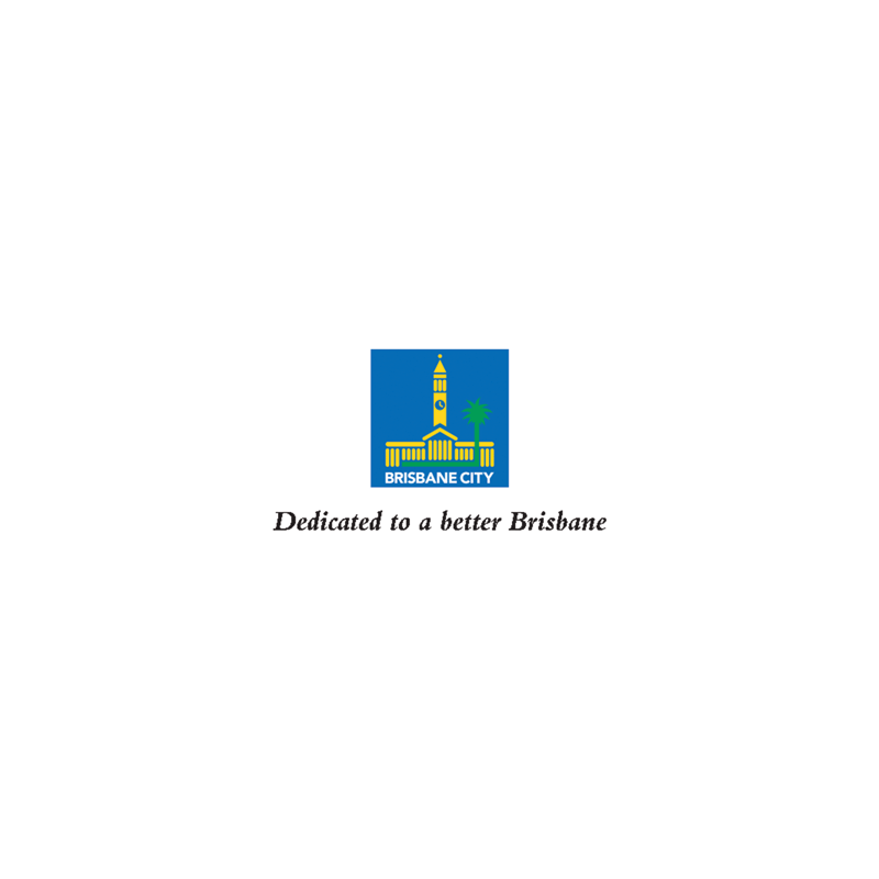 Brisbane City Council logo featuring yellow tower on blue background with dedication tagline.