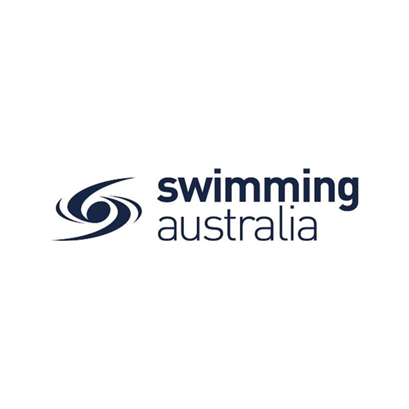 Swimming Australia logo with stylized blue wave symbol and text in navy blue.