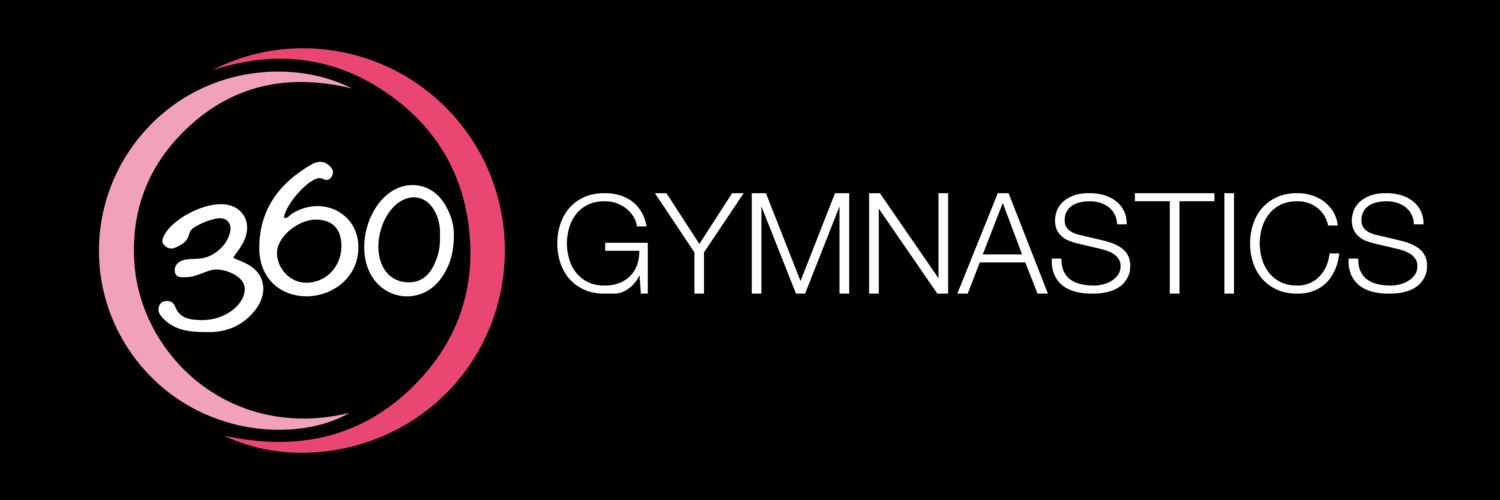 360 Gymnastics logo in pink and white text on black background.