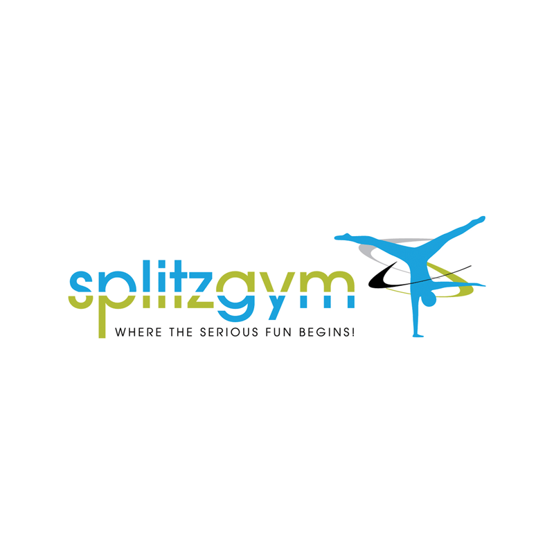 Splitzgym logo with colorful gymnast silhouette and playful typography.