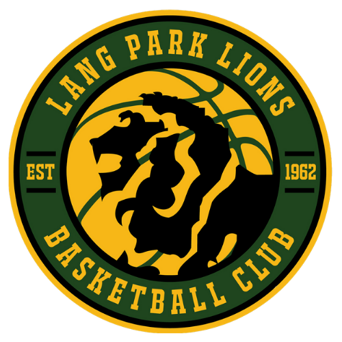 Lang Park Lions Basketball Club circular logo featuring yellow lion head on green background.