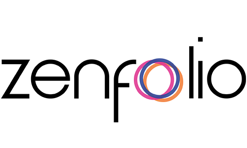 Zenfolio logo featuring bold black lowercase text with a colorful circular emblem replacing the letter O.