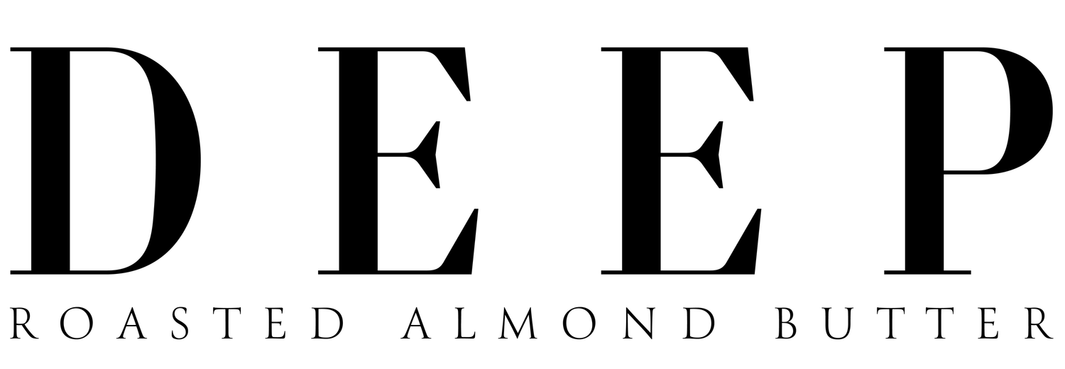 Typography showing DEEP brand name with 'Roasted Almond Butter' text.