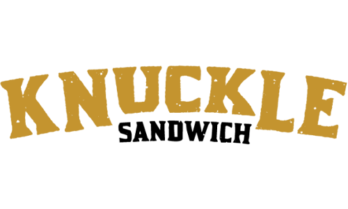 Knuckle Sandwich logo featuring bold gold distressed lettering on a white background.