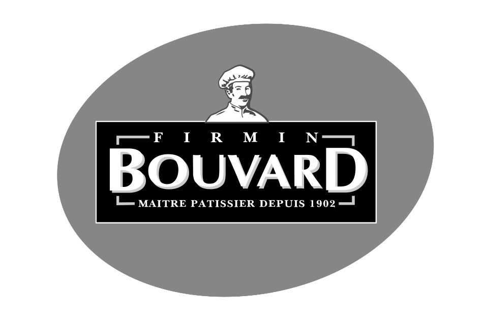 A black and white oval logo for Firmin Bouvard bakery features a chef illustration and text stating established in 1982.