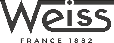 A vintage black and white banner logo for E.Weiss wine company established in France in 1882.