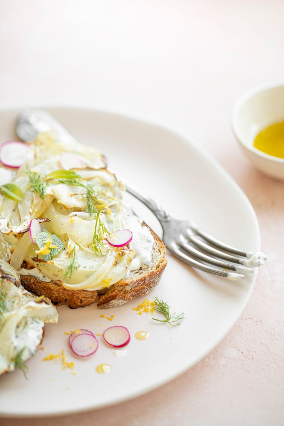 Elegant open-faced sandwich with fennel, radishes and herbs on sourdough bread with olive oil dipping sauce.
