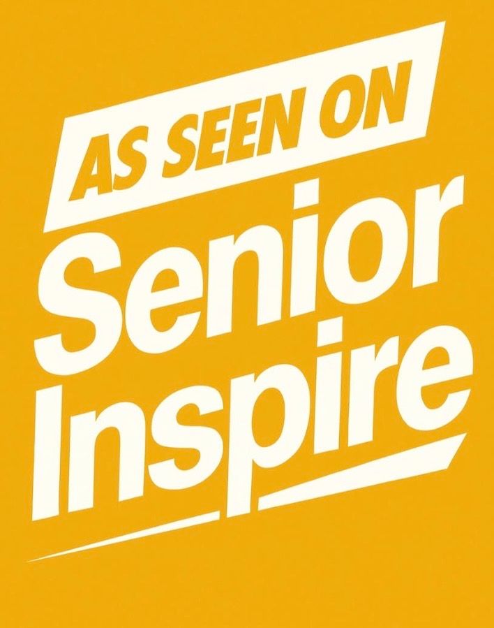 White text reading 'AS SEEN ON Senior Inspire' on a bright yellow background in a diagonal layout.