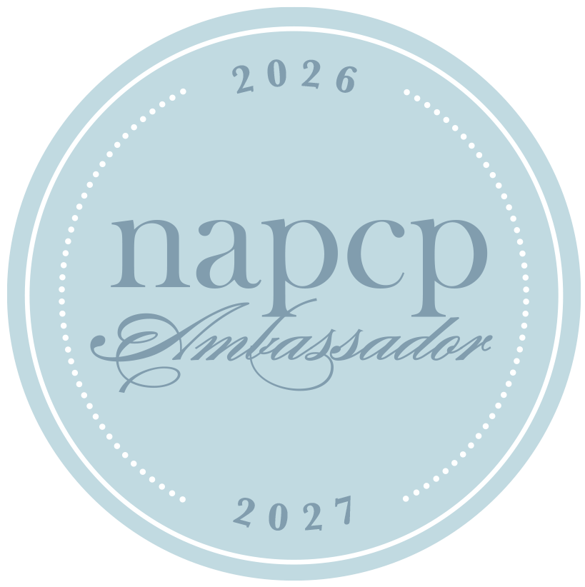 NAPCP Ambassador 2026-2027 official badge seal in light blue with elegant script lettering.