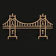 Golden suspension bridge icon on dark background, minimalist line art design for engineering or architecture branding.