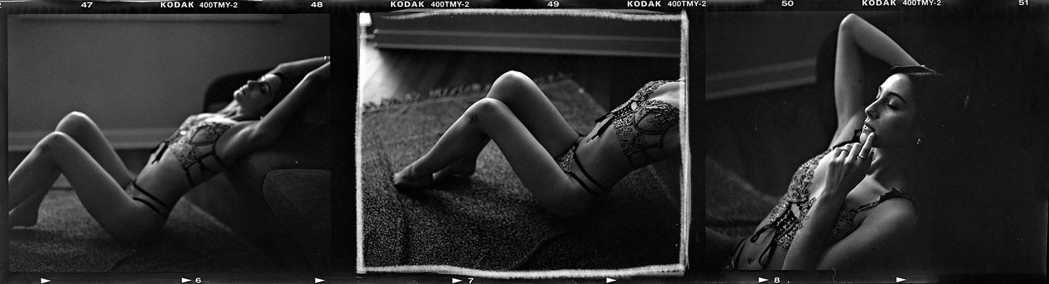 A series of black and white film strip frames showing abstract shapes and patterns in a dark noir style.