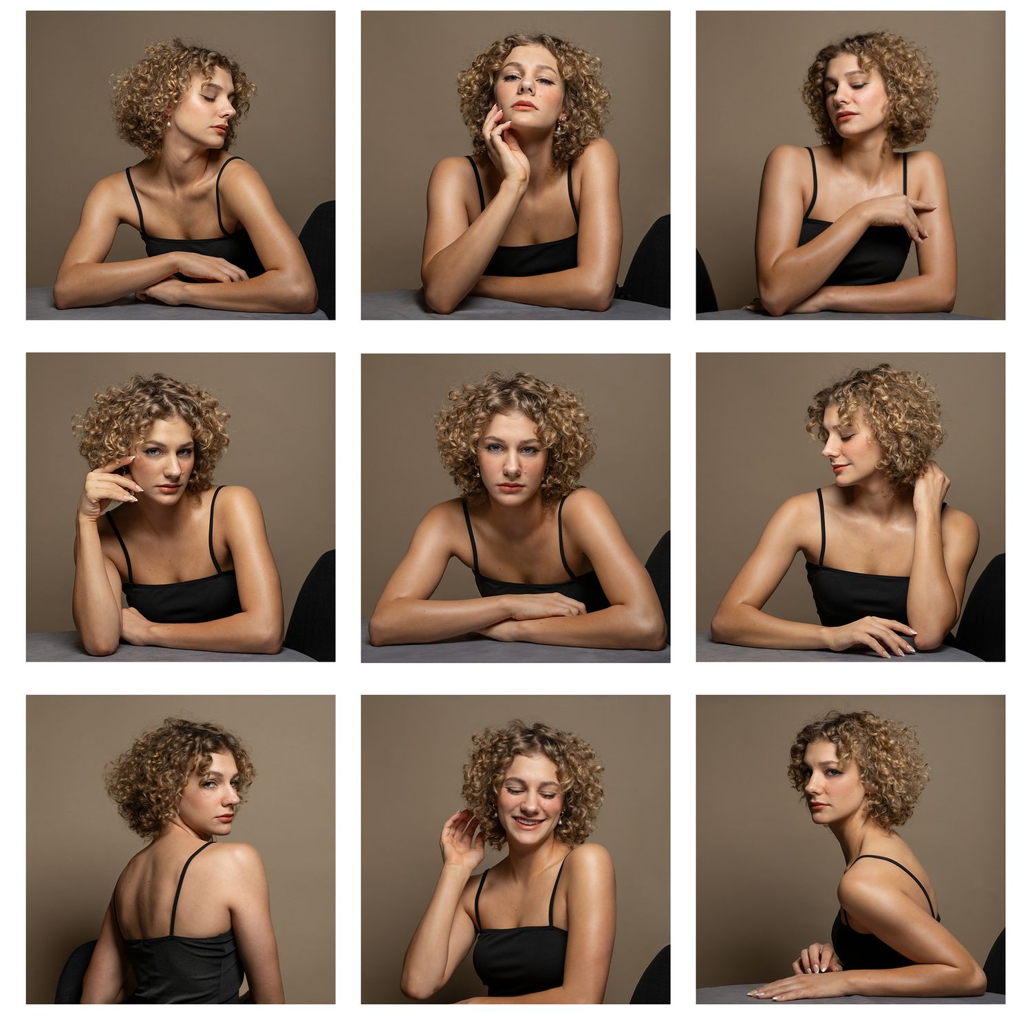 Professional studio portrait series featuring dramatic poses and curly hair styling against a neutral background.