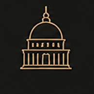 Golden line art illustration of a government capitol building dome on a dark background.