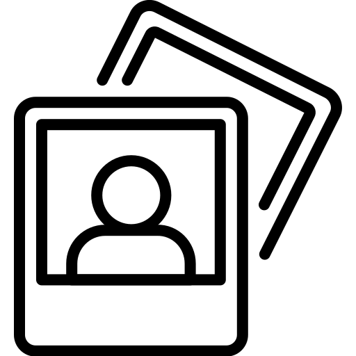 Black and white icon of two overlapping Polaroid photos with a person silhouette, representing image or photo gallery concept.