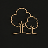 Gold minimalist line art logo featuring two trees on a dark background.