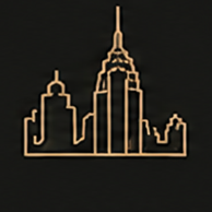 Gold minimalist city skyline silhouette outline on dark background, featuring skyscrapers and urban buildings.