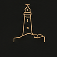 A minimalist golden lighthouse logo on a dark background, symbolizing guidance and navigation.