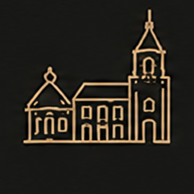 Gold line art illustration of a historic church with bell tower on dark background.