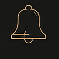 Golden outline bell icon on dark background, elegant notification symbol with glowing amber lines.