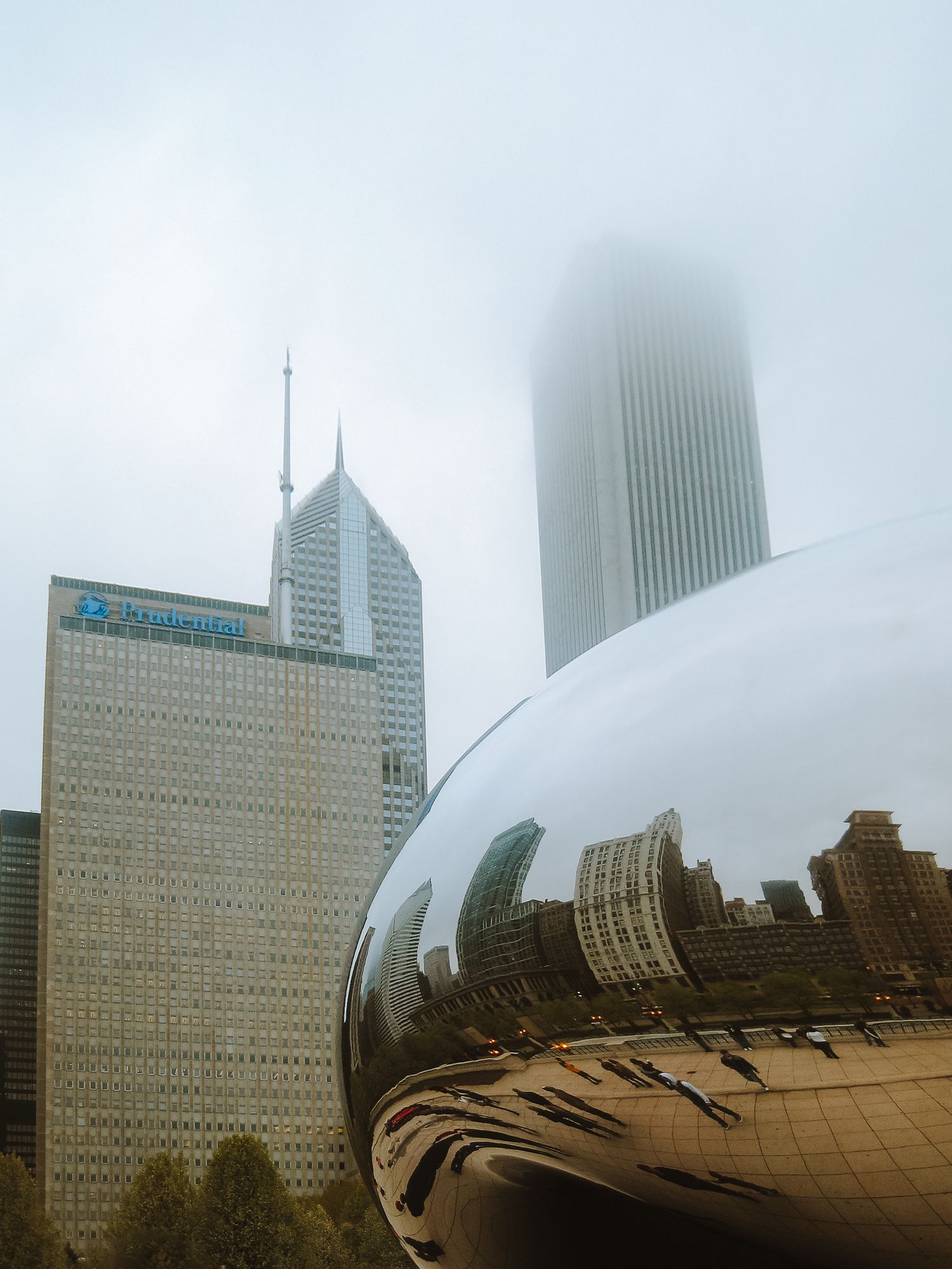 The bean in downtown Chicago reflecting a densly fogged city.
