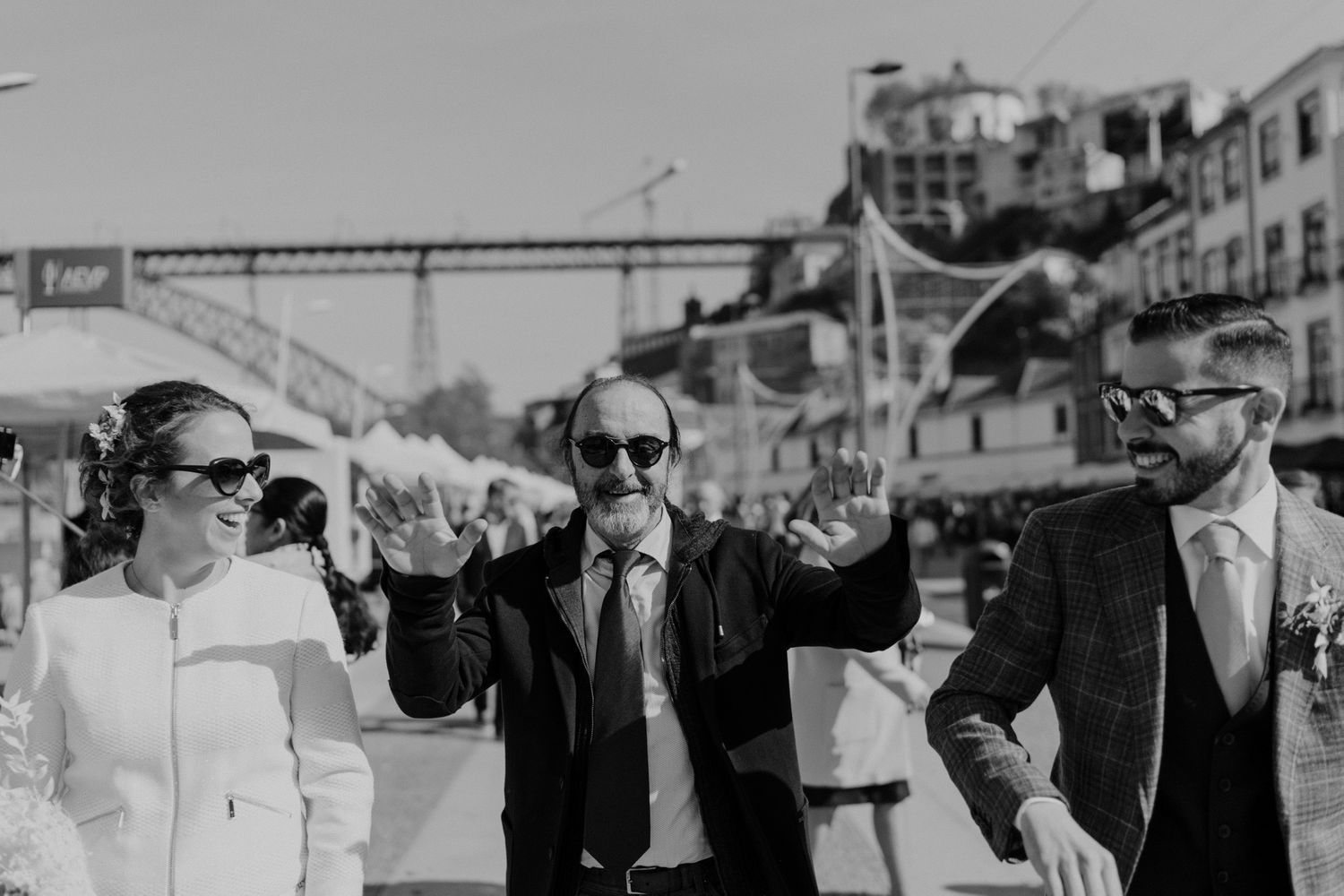 Friends celebrating together after a wedding ceremony in Porto