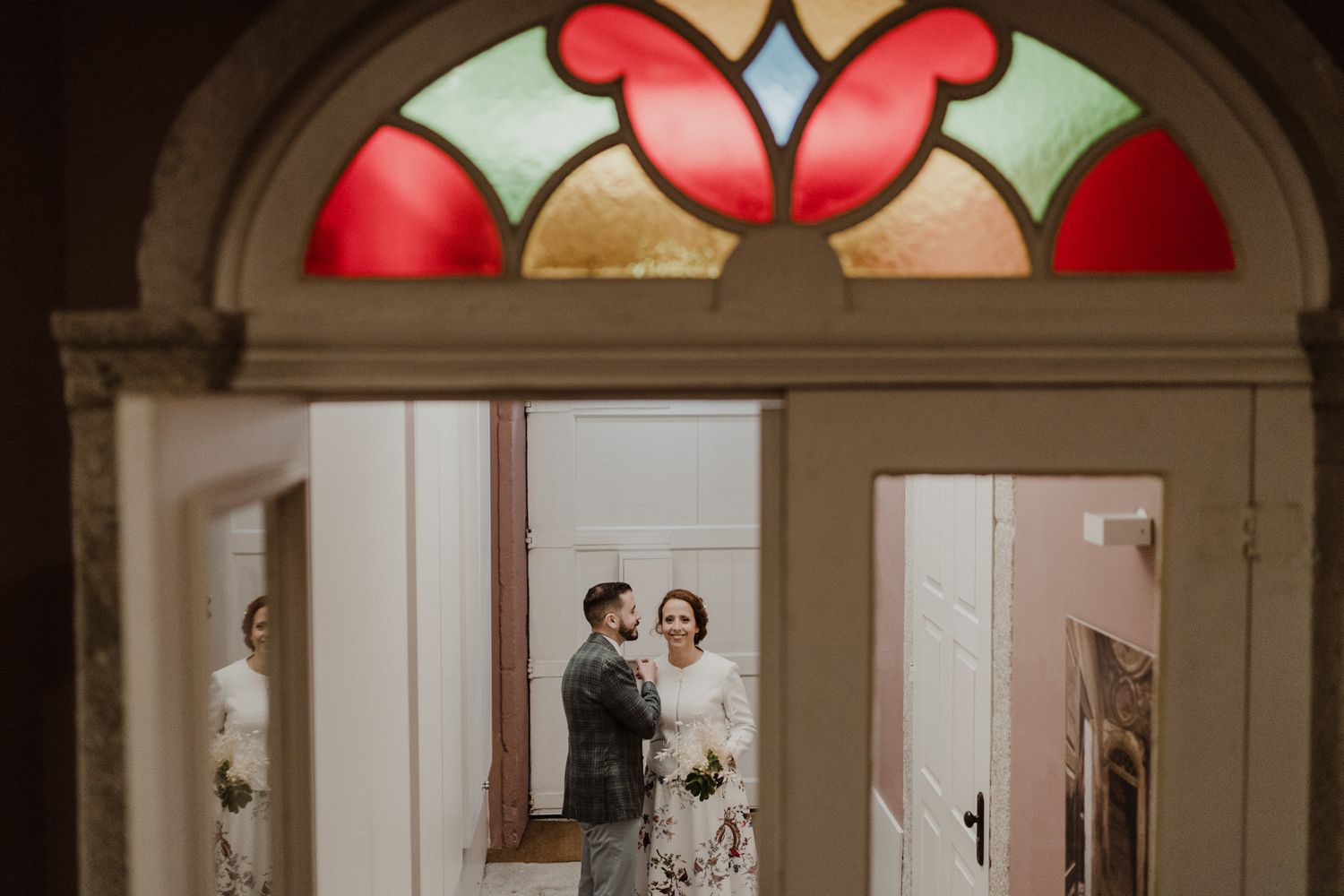 Church entrance in Porto moments before an intimate wedding ceremony