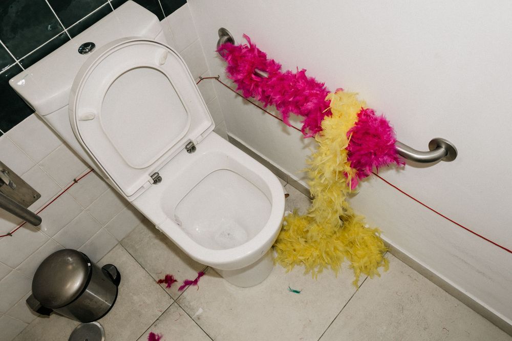 Pink and yellow feather boas draped over a grab rail and the floor beside a toilet