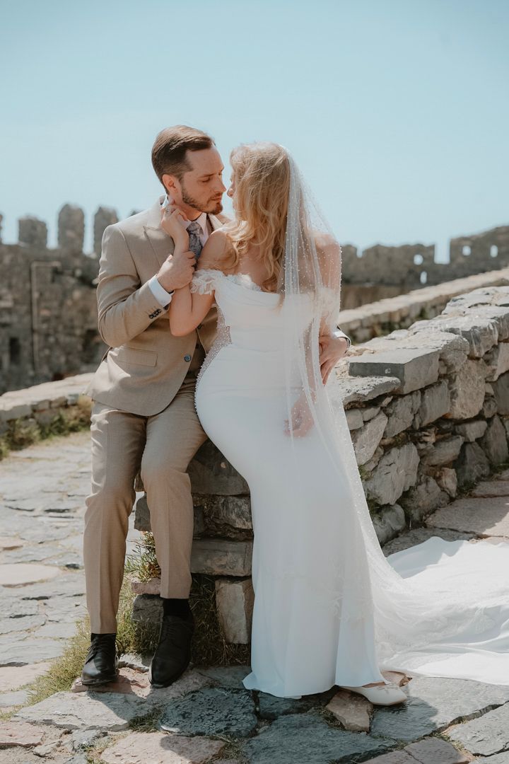 Wedding couple portrait by the sea in Liguria, Italy
