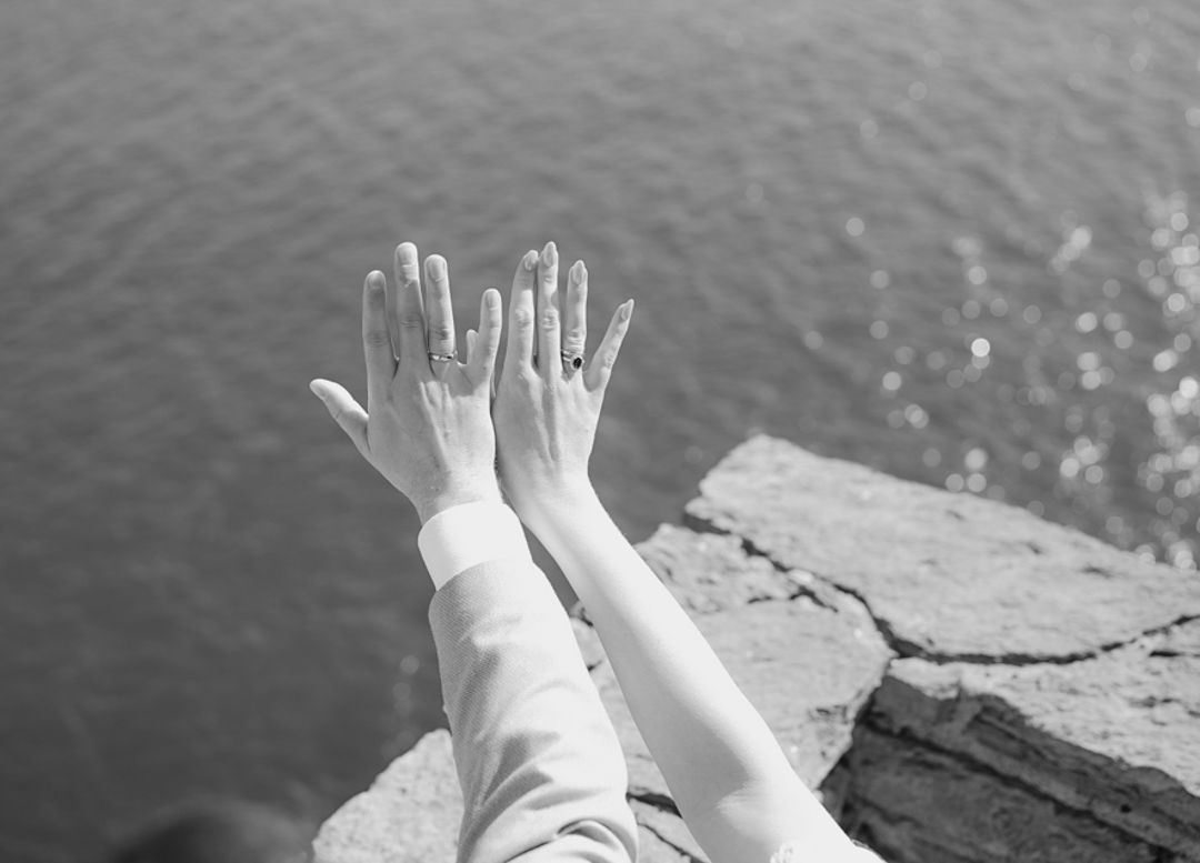 Black and white wedding detail overlooking the Ligurian Sea