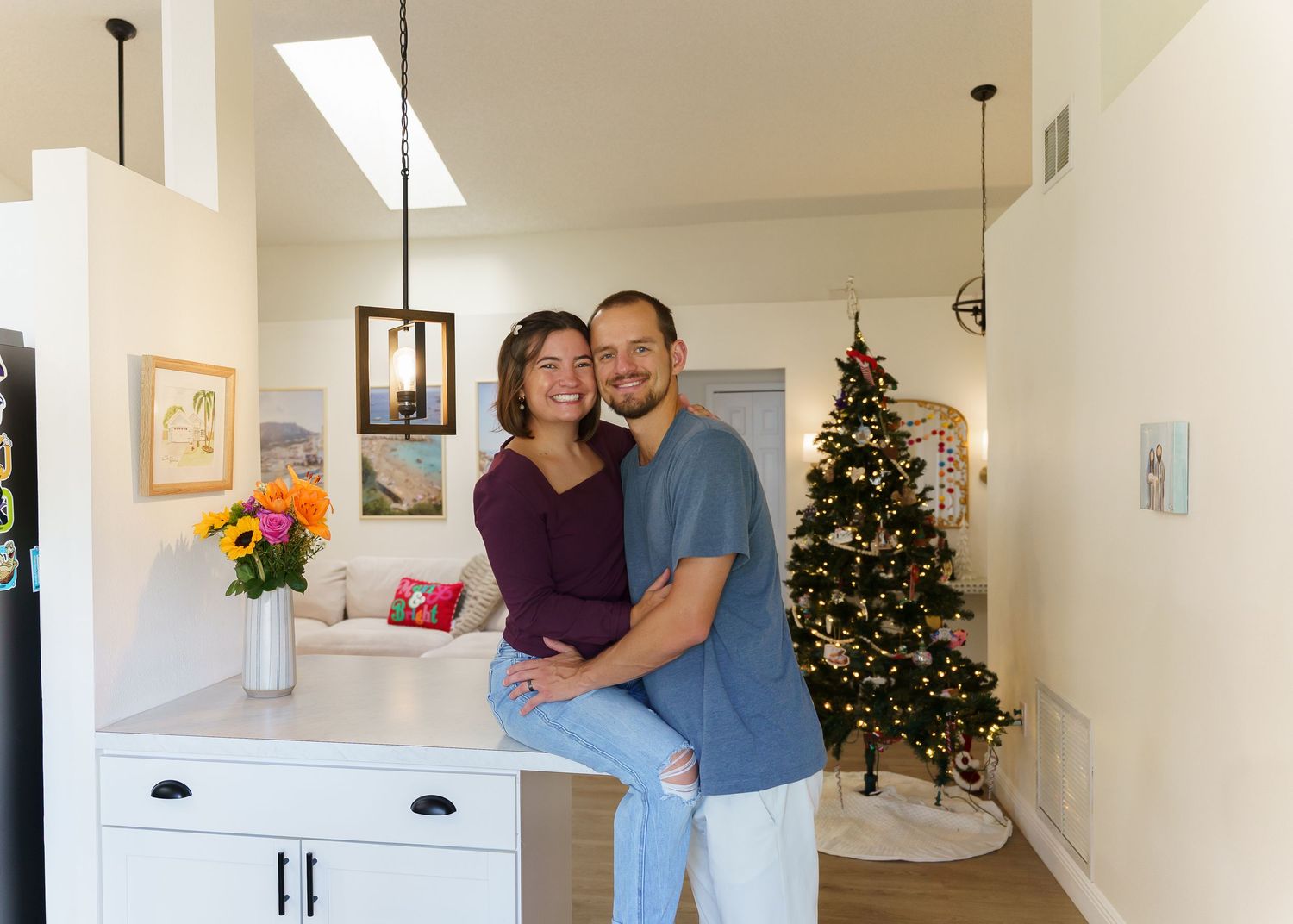 A montage of interior home photos showing a decorated Christmas tree, hallway, and white cabinet storage areas.