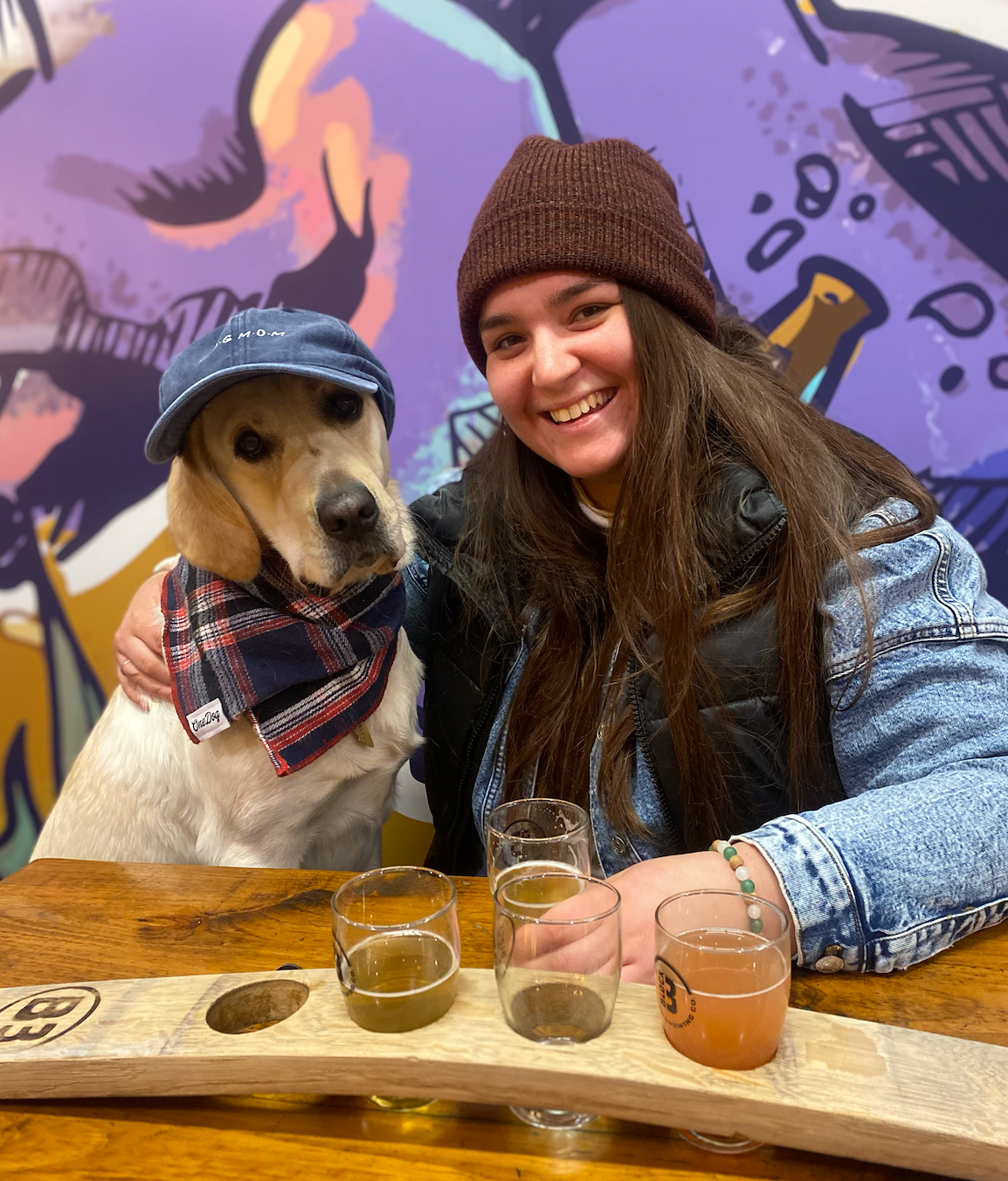 A dog and companion sit at a bar table with craft beer glasses, creating a cozy pub atmosphere.