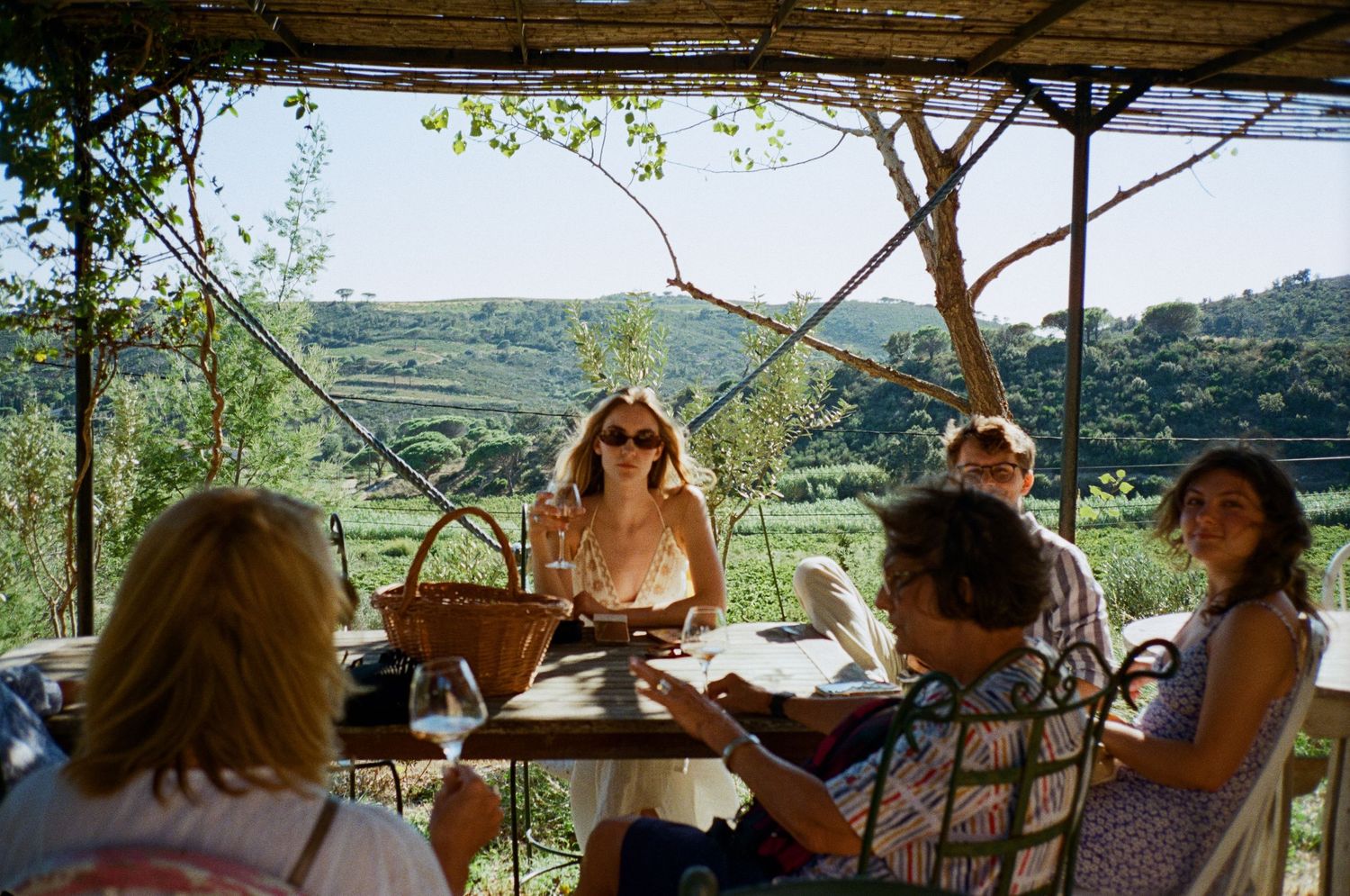Friends dining al fresco under a pergola with sweeping vineyard views in the Italian countryside.