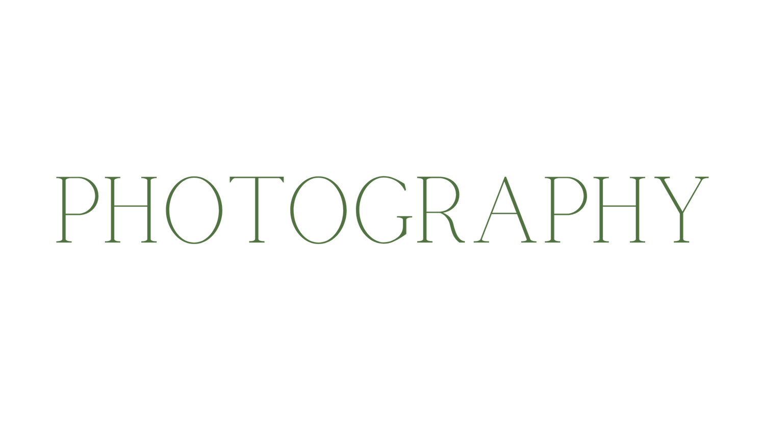 Photography, elegant serif green typography on a clean white background for a hospitality brand.