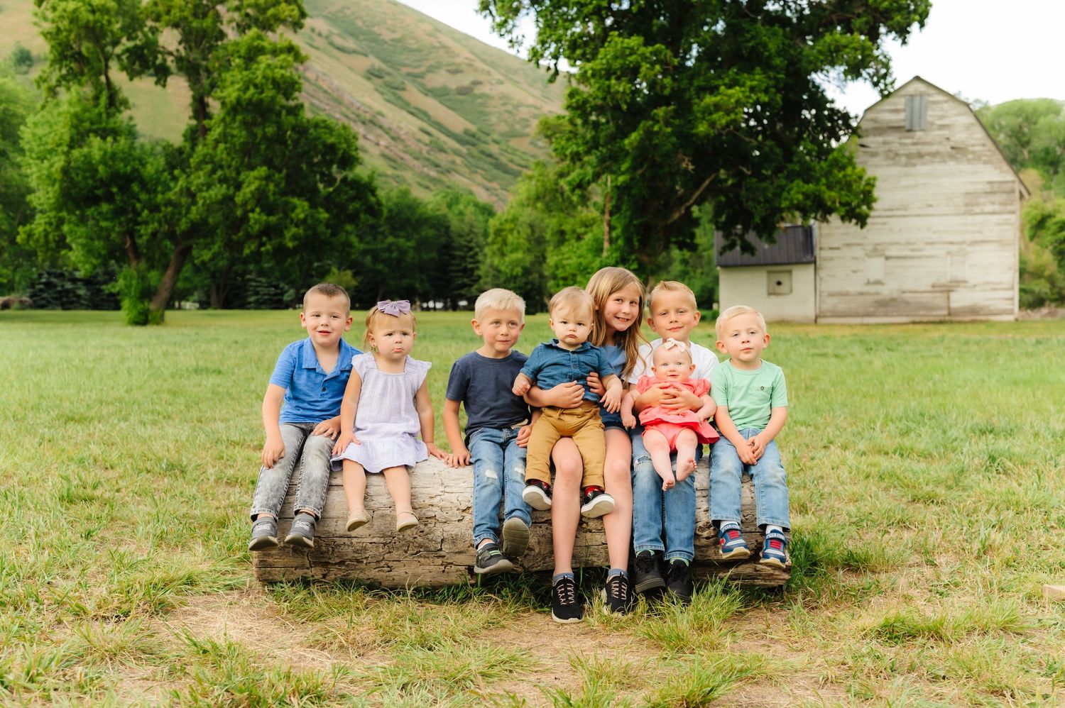Group portrait of family members sitting together on a grassy hill with trees in the background.