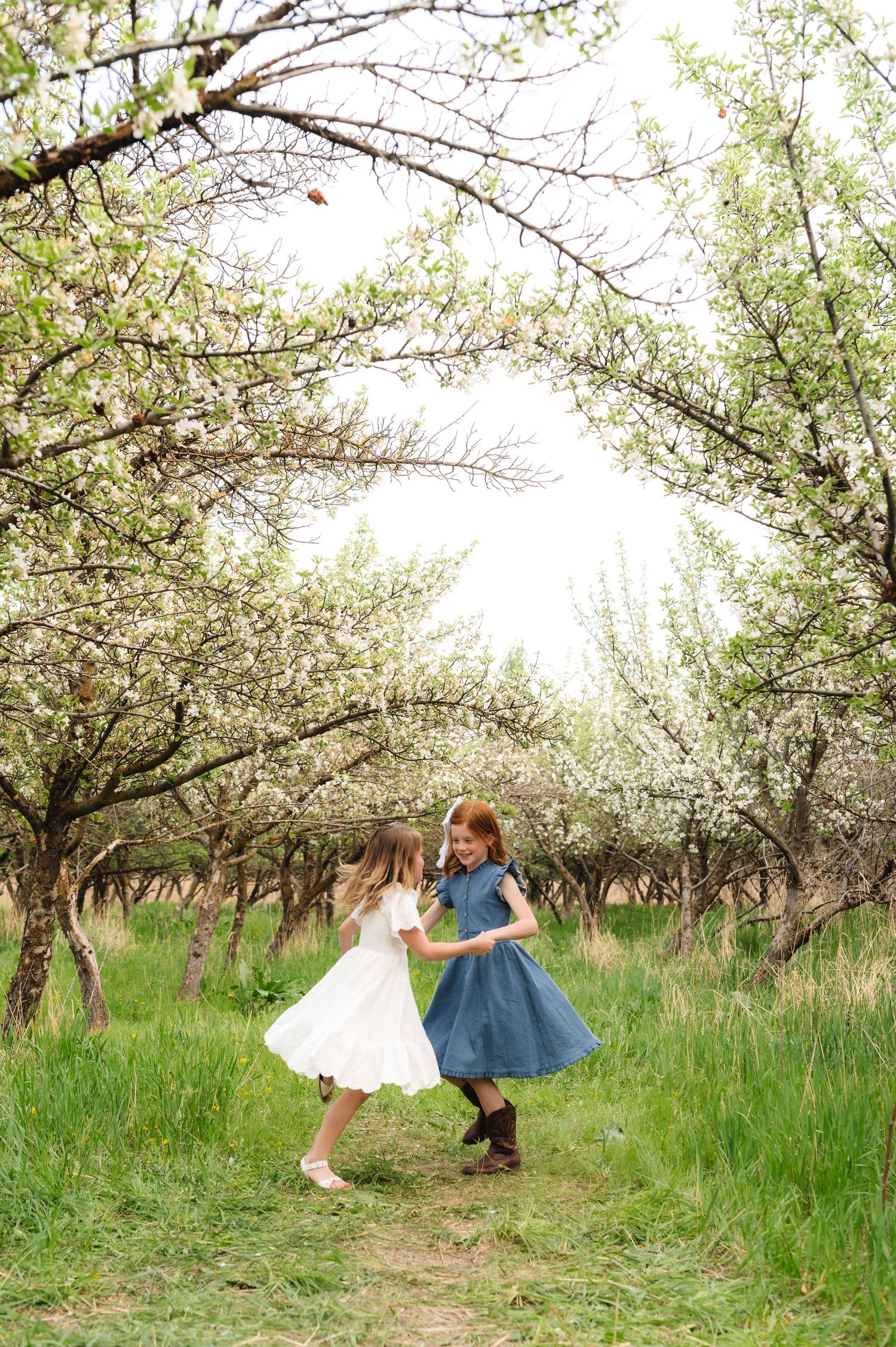 Children playing and dancing together in a blooming spring orchard with white blossoms and green grass.