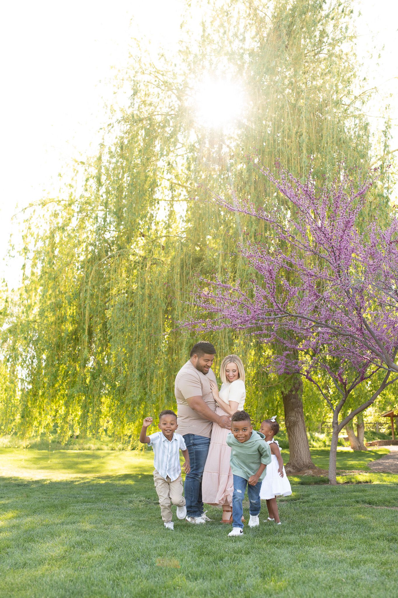 Family of five posing outdoors near a weeping willow and blooming pink tree on a sunny spring day.