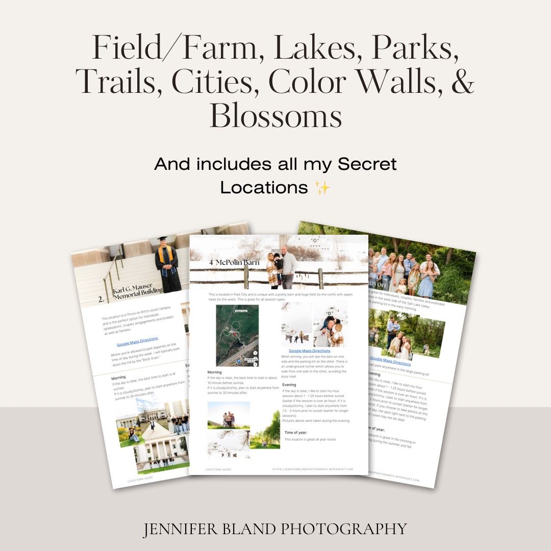 Photography location guide displaying fields, farms, lakes and parks with sample images.