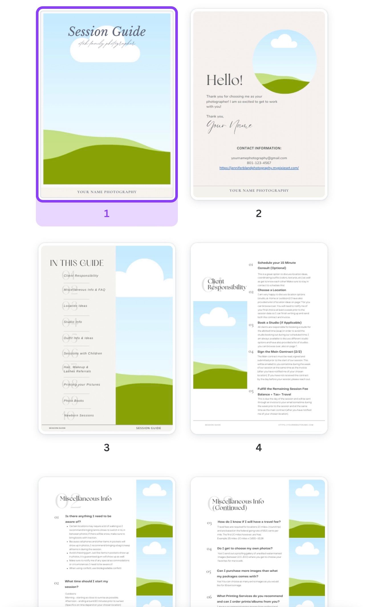 Clean minimalist session guide template with cloud illustrations and checklist pages.