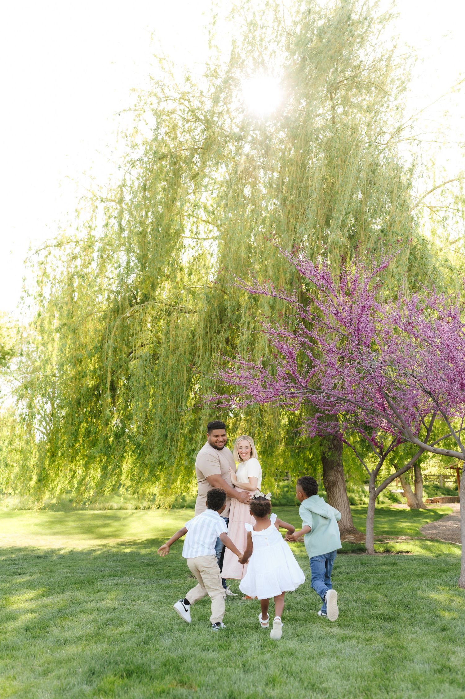 A couple sits on a grassy lawn near blooming purple redbud trees and weeping willows on a sunny spring day.