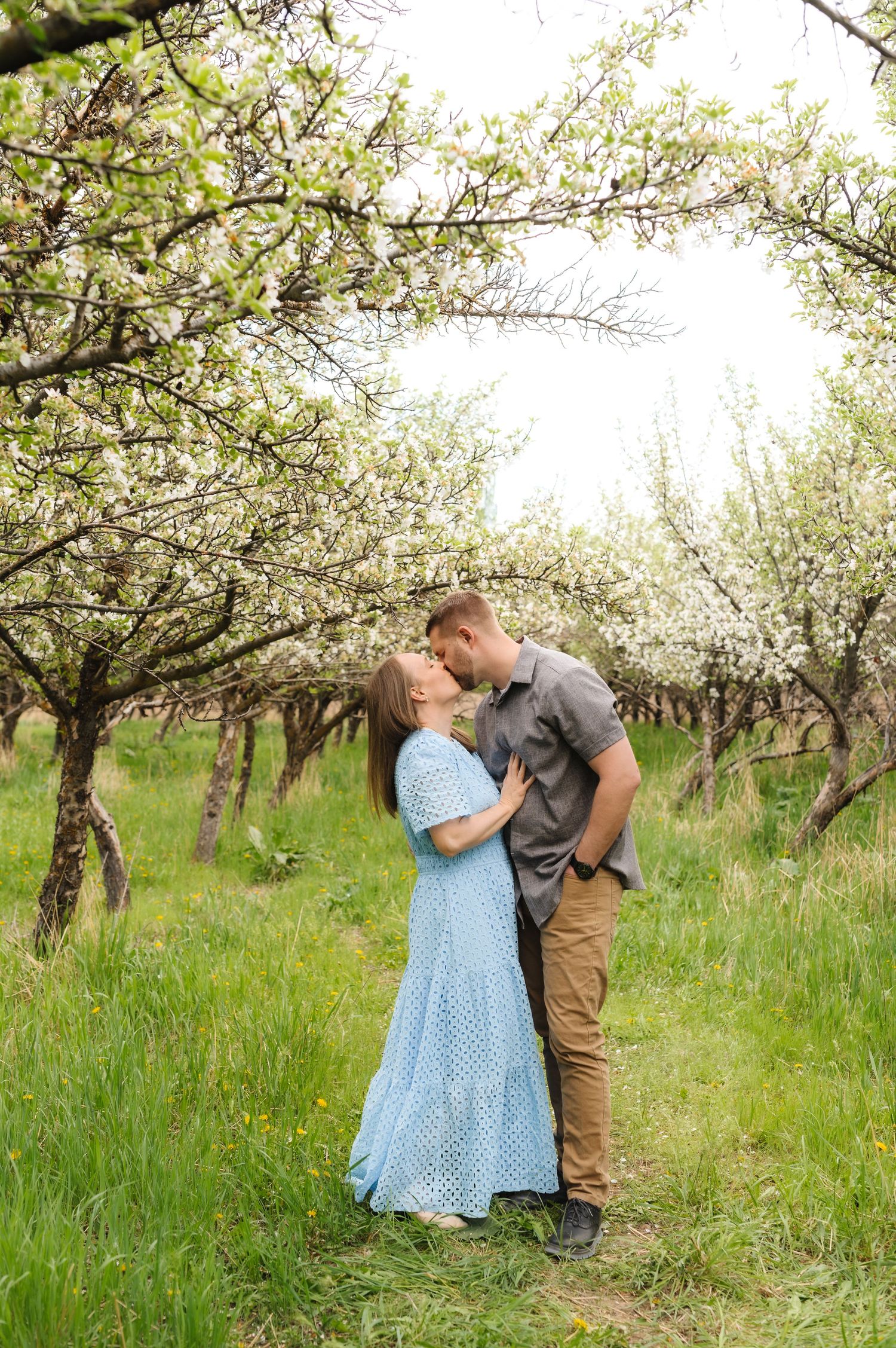 A romantic moment captured in a blooming spring orchard with tall grass and sunlit trees in the background.