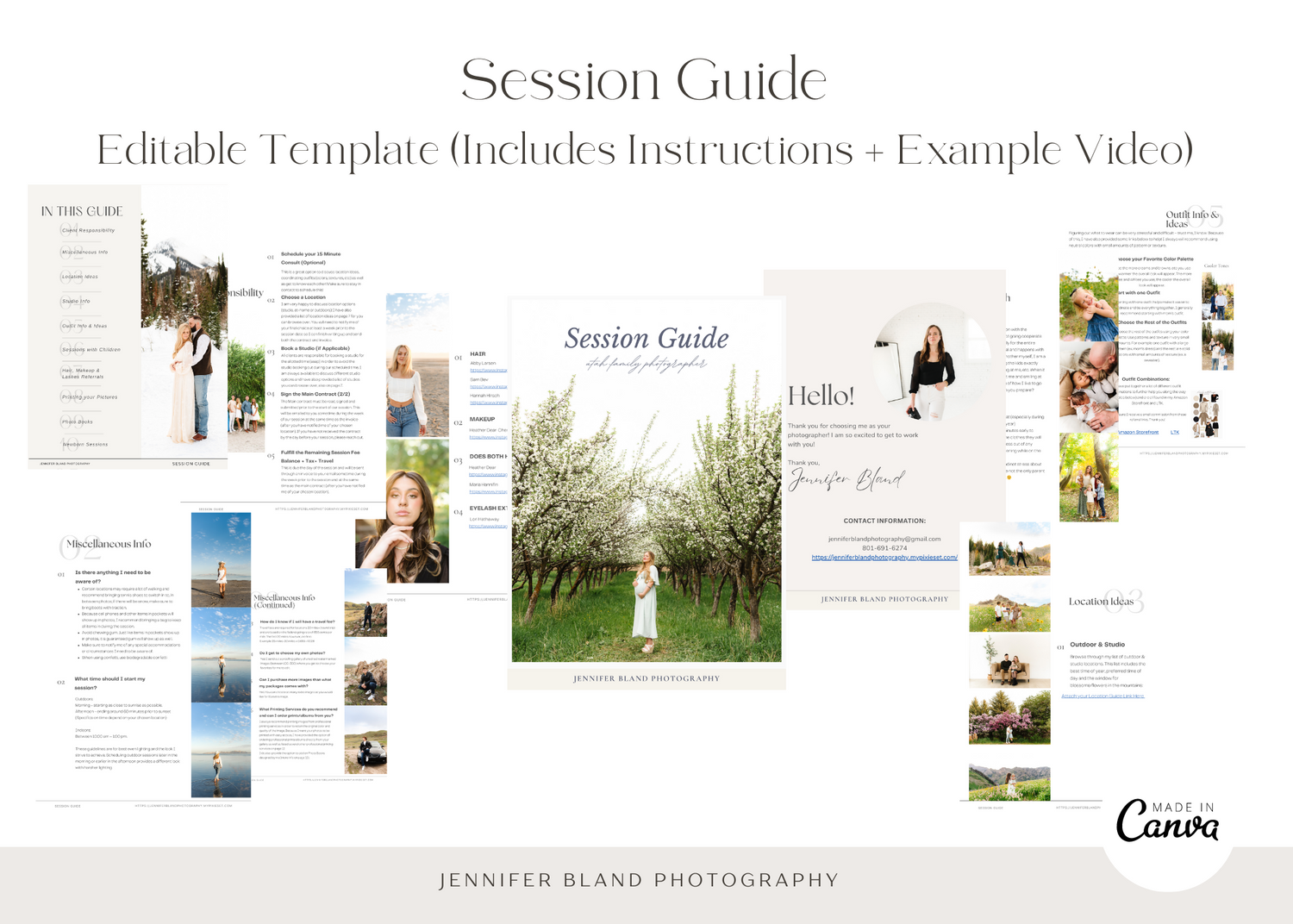 Editable session guide template with multiple pages of photography instructions and examples.