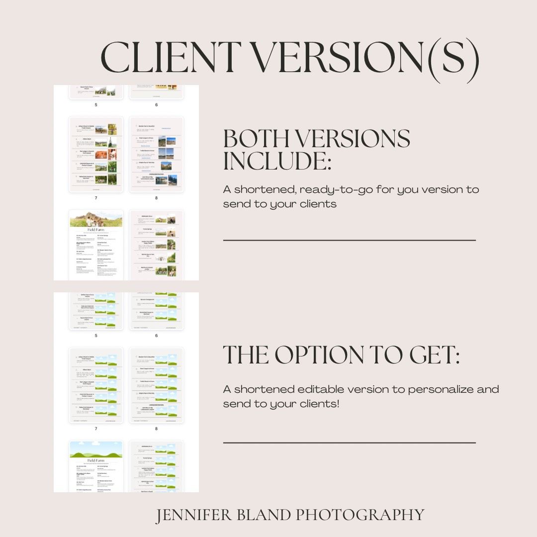 Client version options page showing different photography location guide layouts.